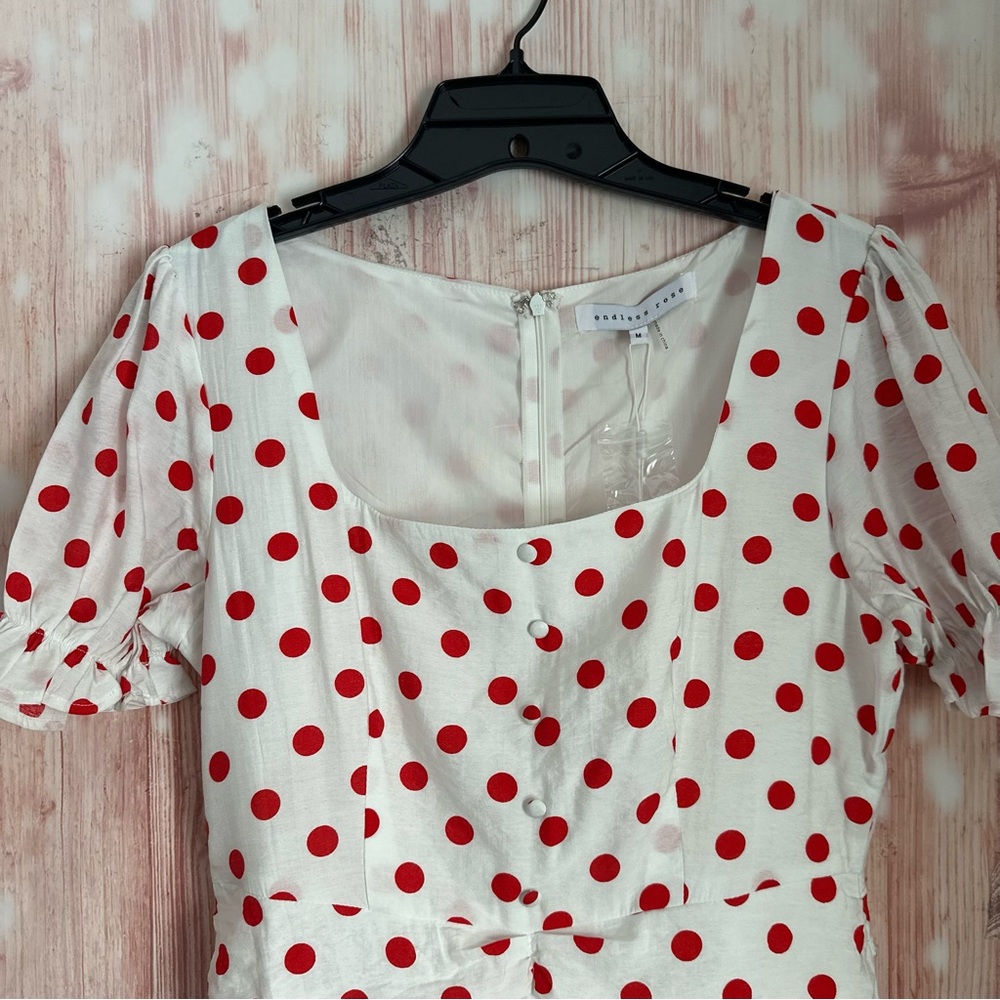 Endless Rose White Retro Style Red Polka Dot Ruffle Hem Ruched Mini Dress Size M - Picture 5 of 16